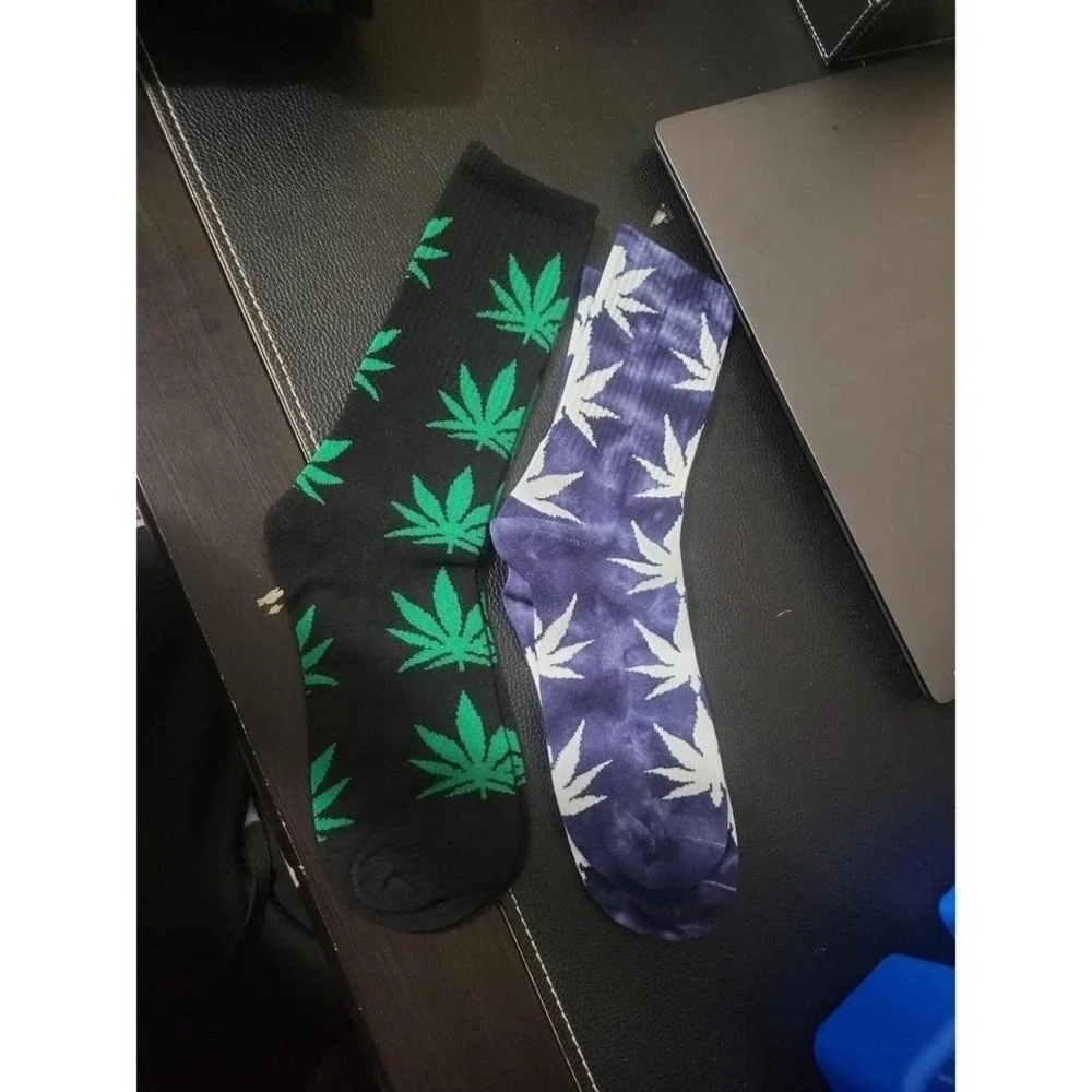 2 Pairs Weed Leaf Crew Socks Black Green Blue Tie Dye Marijuana Pot Leaf Socks
